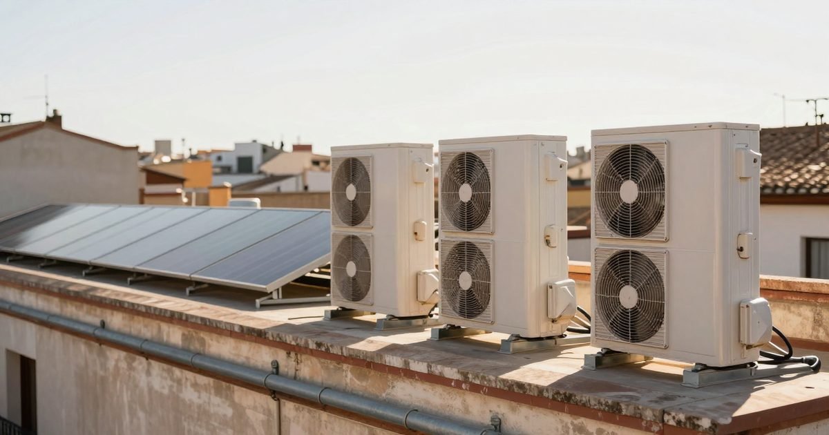 Azotea de un edificio con placas solares y unidades de aerotermia