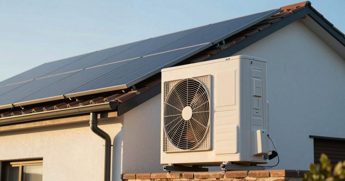 Casa con placas solares y unidad exterior de aerotermia
