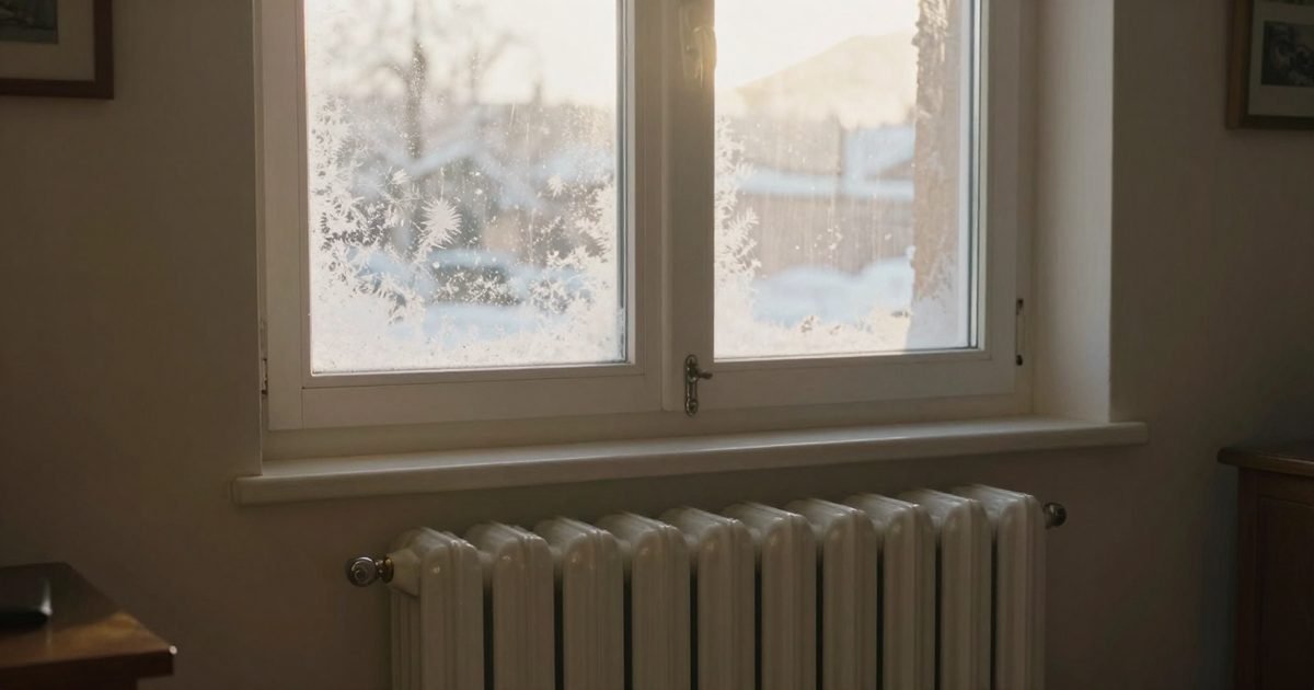 Radiador bajo la ventana de un salón con aerotermia en el exterior