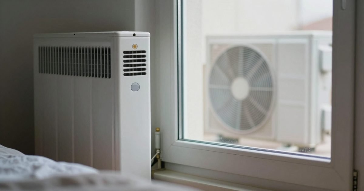 Radiador eléctrico y unidad de aerotermia vista por la ventana