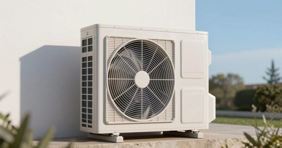 Unidad exterior de una bomba de calor aerotérmica junto a la fachada de una casa