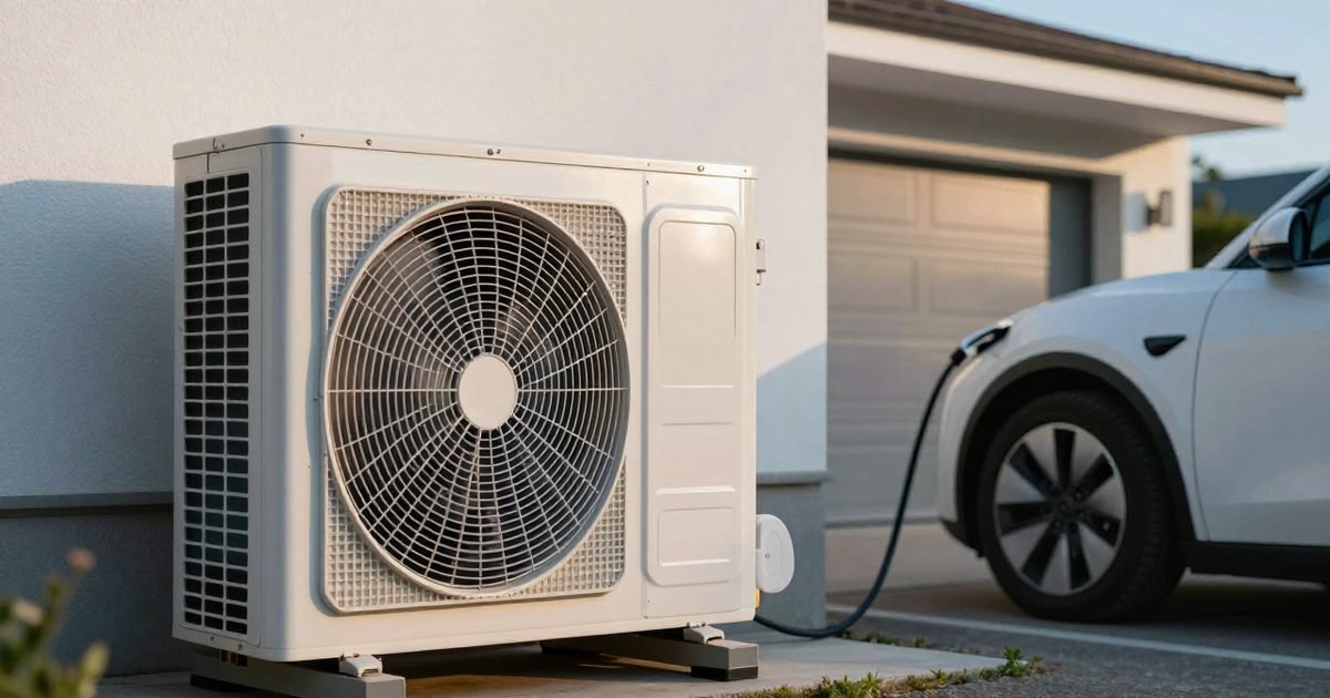 Coche eléctrico cargando junto a una unidad de aerotermia