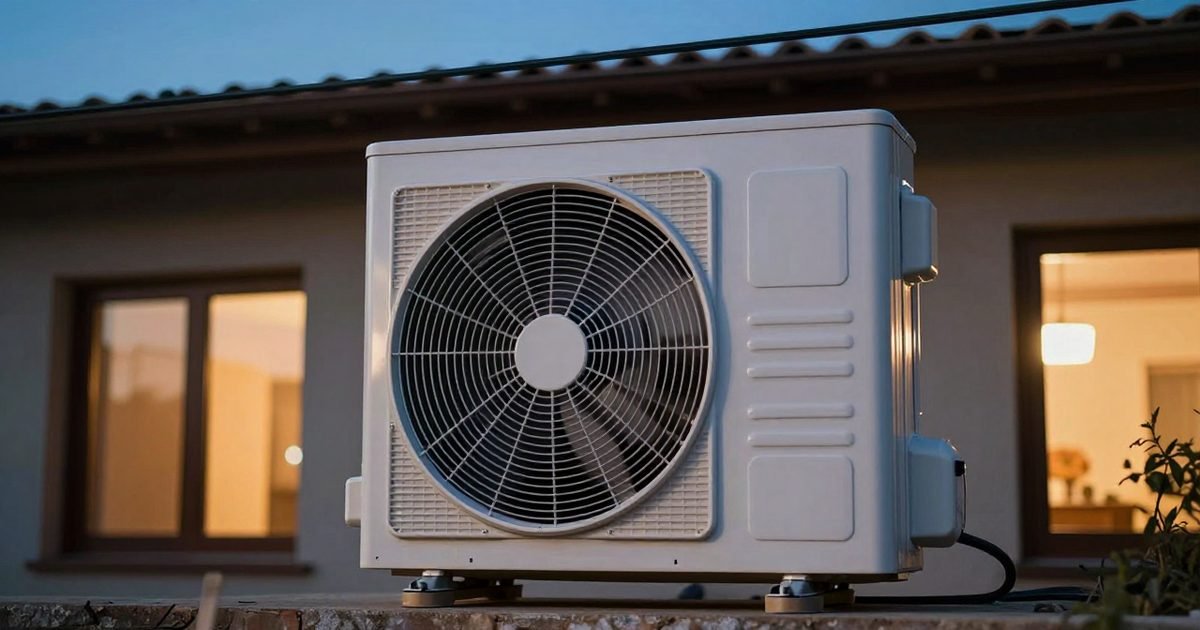 Casa con aerotermia y líneas eléctricas al atardecer