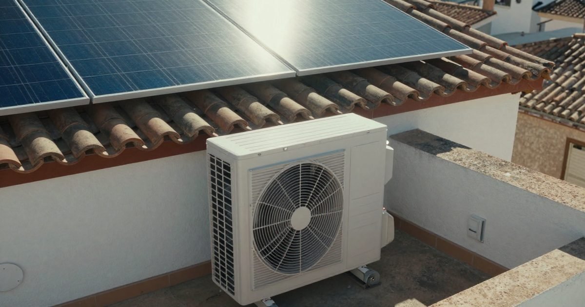 Casa con placas solares y una unidad de aerotermia