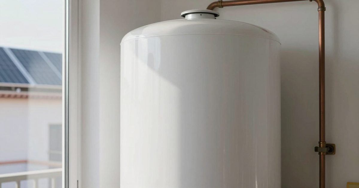 Depósito de agua caliente con placas solares al otro lado de la ventana