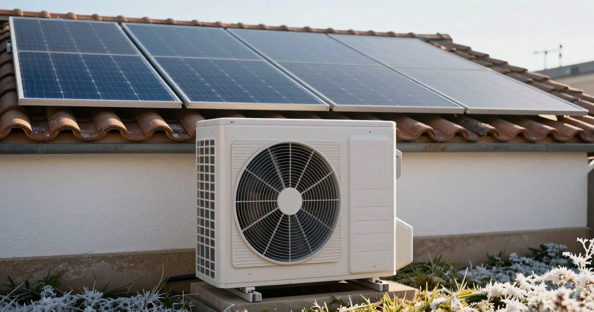 Placas solares y unidad de aerotermia en un día de invierno