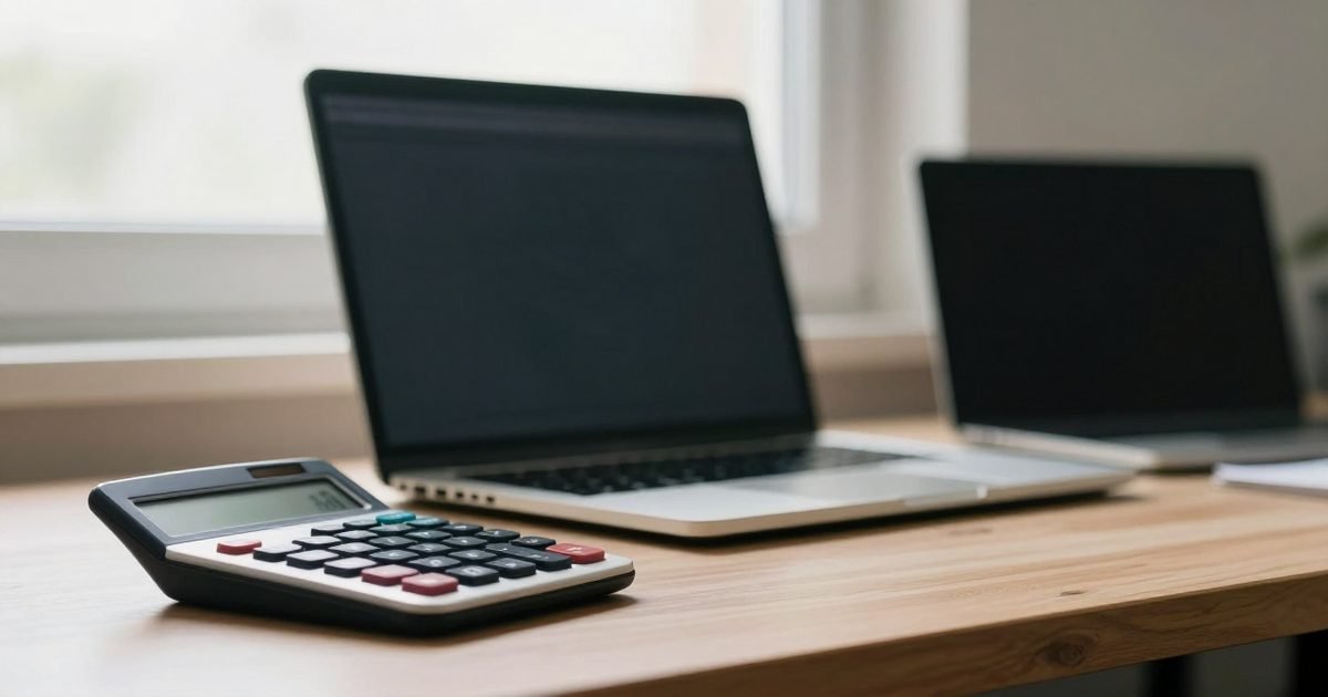 Escritorio con calculadora y aerotermia vista por la ventana