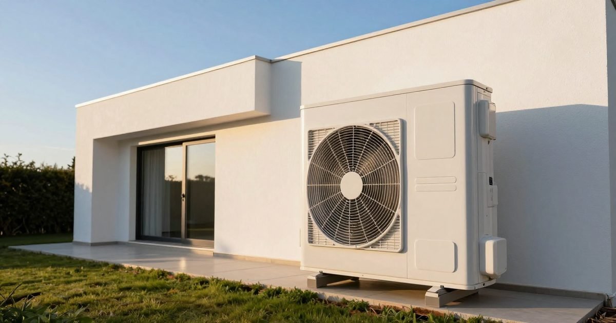 Casa moderna con una unidad de aerotermia en el jardín