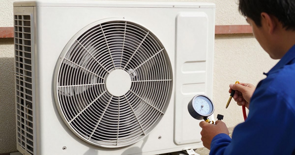 Técnico con manómetros trabajando en una bomba de calor