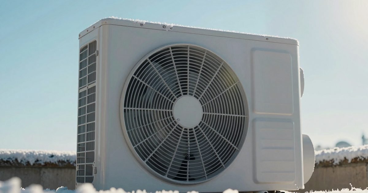 Bomba de calor funcionando en un día de invierno soleado