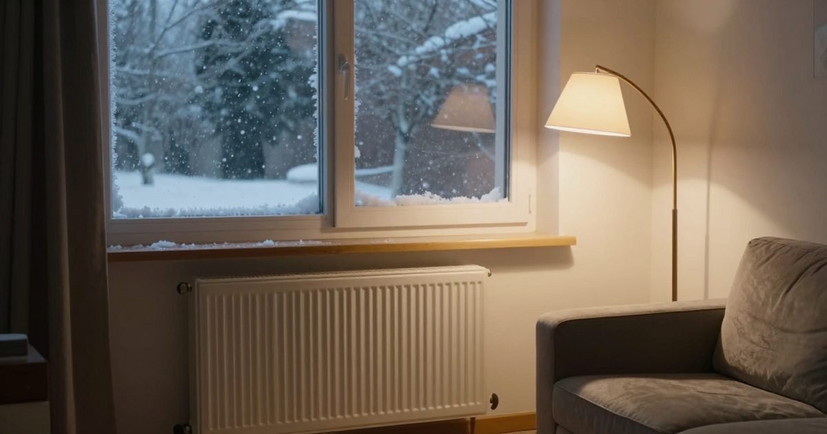 Salón cálido con un radiador en una tarde de nieve