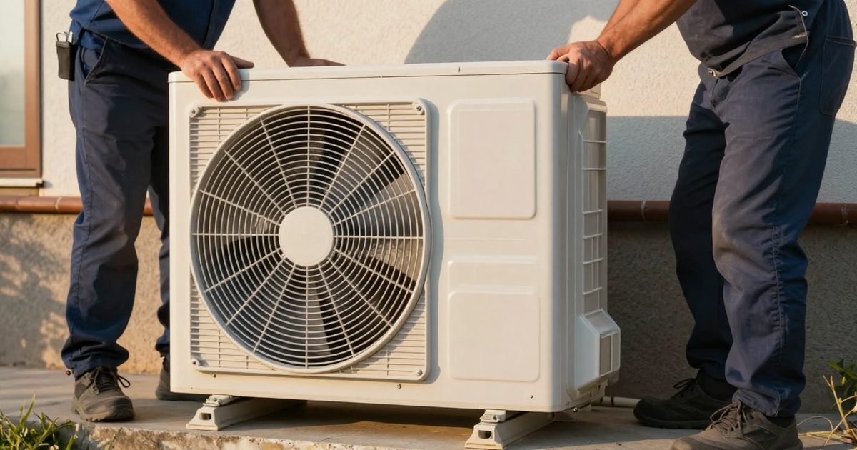 Instaladores colocando una bomba de calor en una vivienda