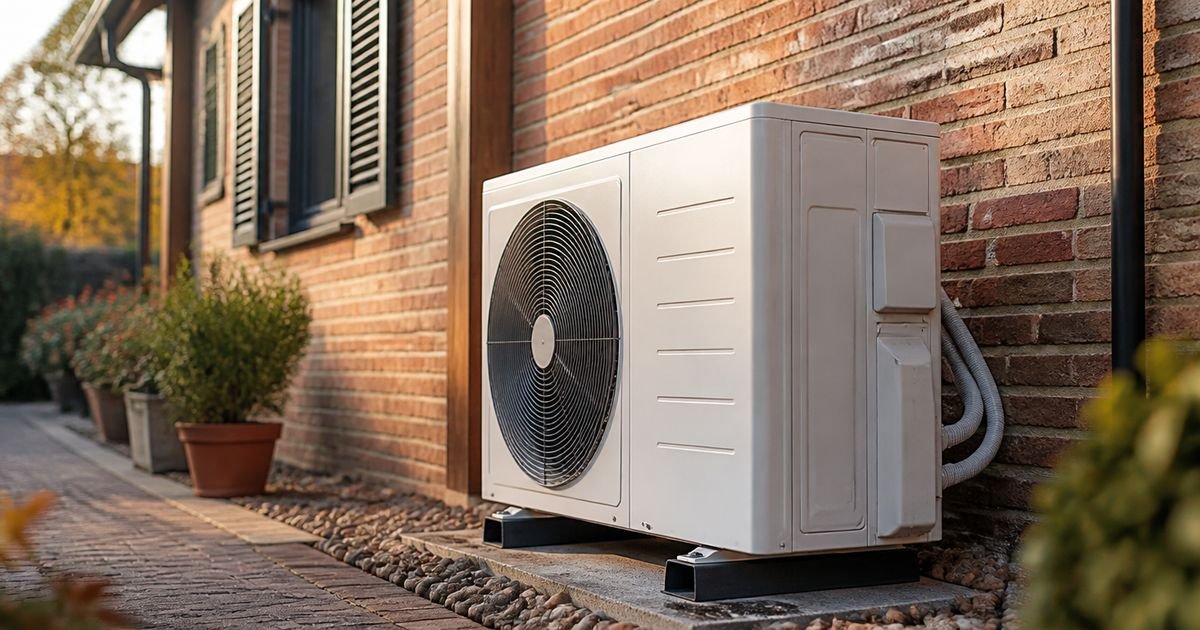 Bomba de calor de aerotermia instalada en la fachada de una vivienda
