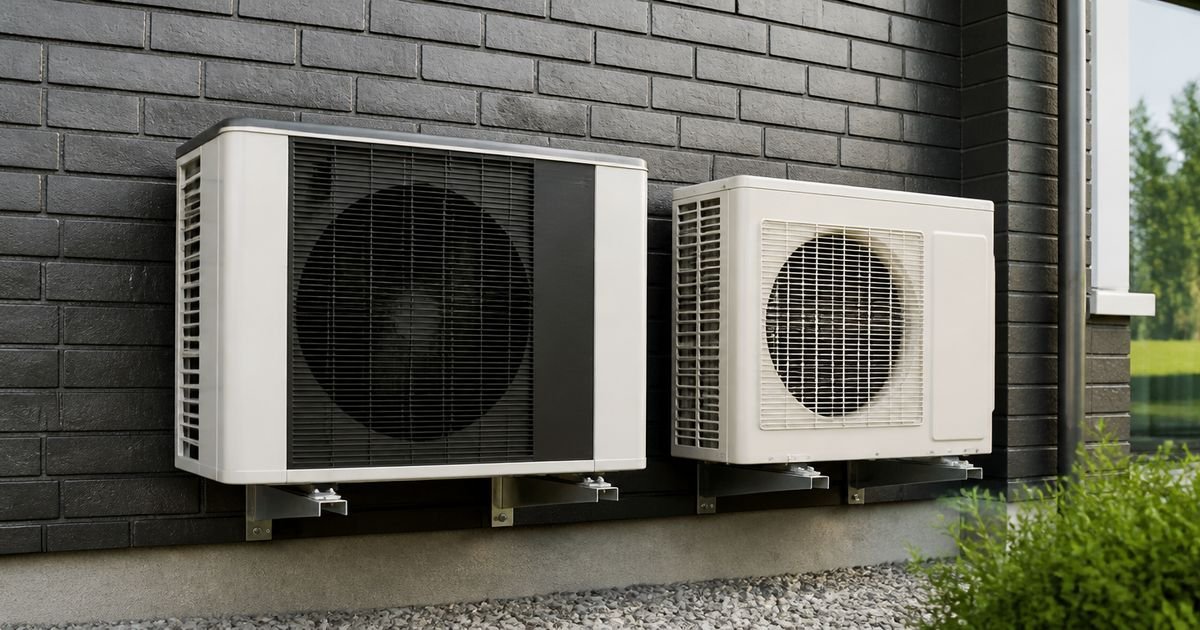 Bomba de calor de aerotermia y unidad exterior de aire acondicionado instaladas una junto a otra